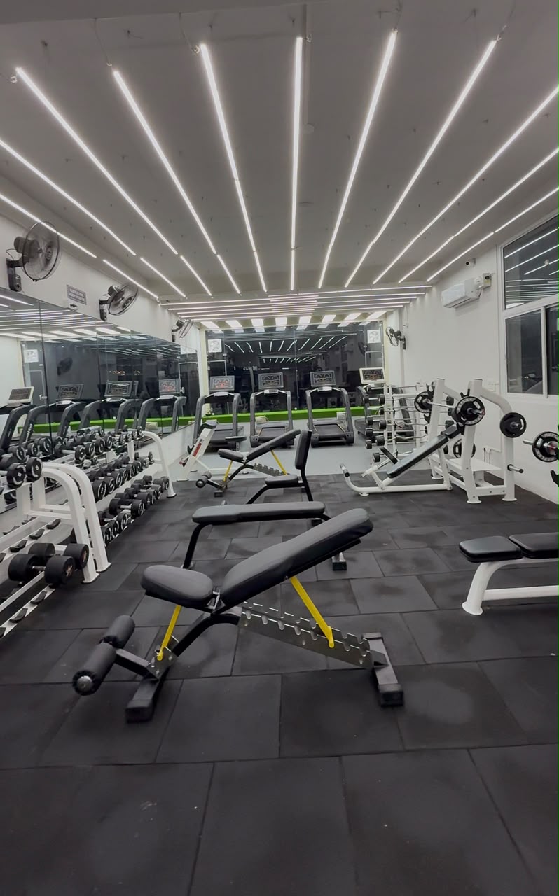 Free weights and workout benches at Revive Fitnes in Dhakoli