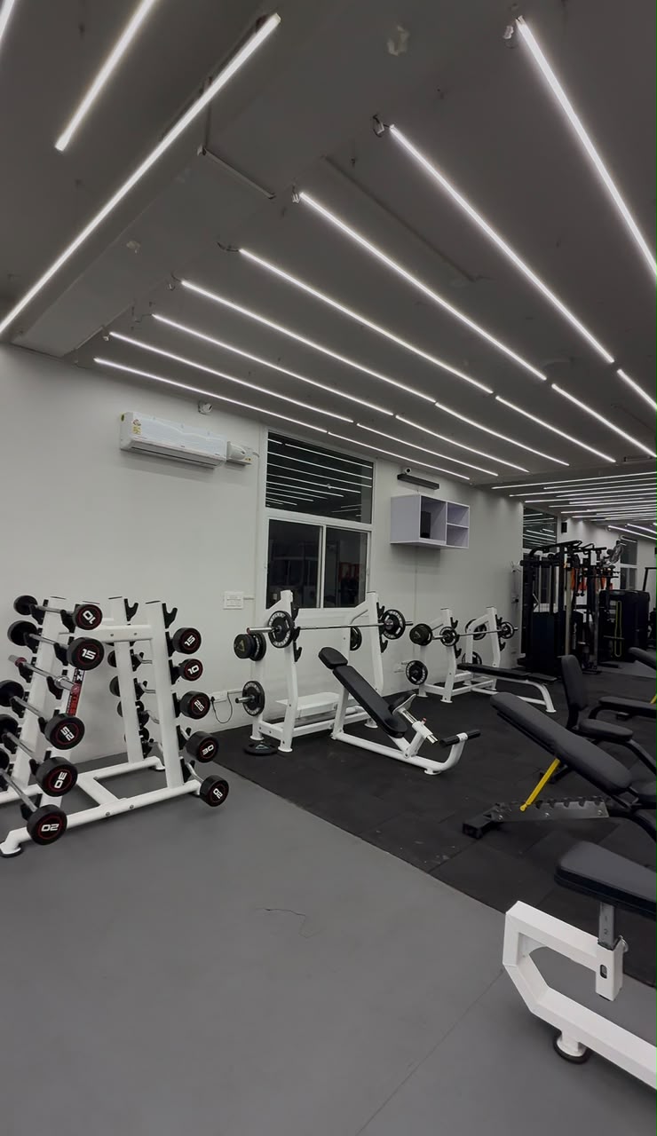 Free-weight benches and plate racks at Revive Fitnes